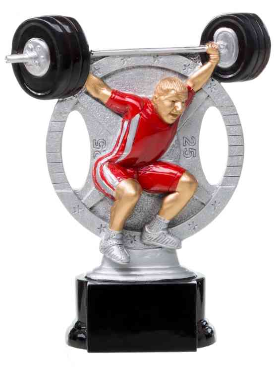 Eine silberne 3-er Serie Gewichtheben 160 mm – 200 mm PK739180-78-3 mit einem Athleten in Rot, der ein Gewicht über den Kopf hebt, montiert auf einem schwarzen Sockel.