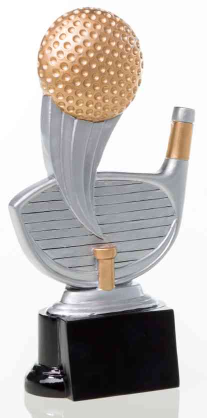 Die 3-er Serie Golfball 160 mm - 200 mm ist eine elegante Trophäe mit goldfarbenem Golfball und silbernem Schlägerkopf auf schwarzem Sockel - ideal zur Ehrung besonderer Leistungen auf dem Grün.