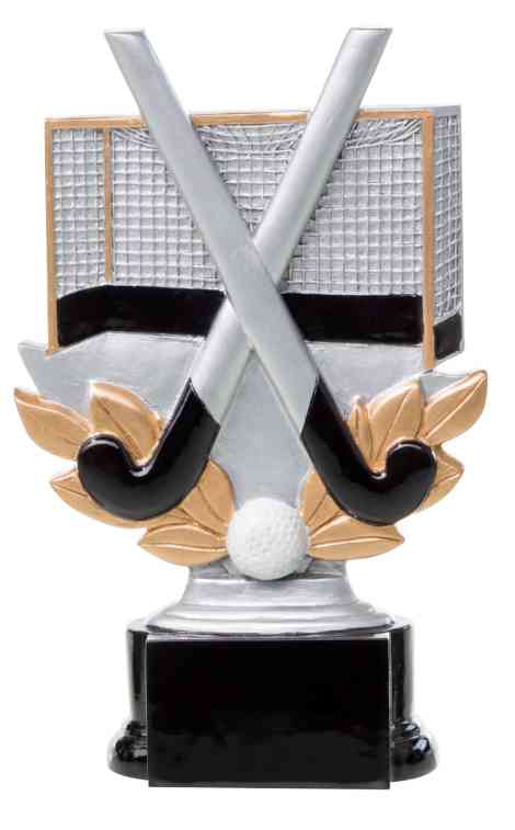 Die 3-er Serie Hockey 160 mm - 200 mm zeigt zwei gekreuzte Hockeyschläger, einen Ball, goldene Lorbeerblätter und ein Netz auf schwarzem Grund - ein ideales Geschenk oder ein Ehrenpreis für jeden Feldhockeymeister.