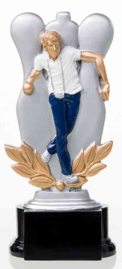Eine 3er-Serie Kegeln 160 mm – 200 mm PK739195-93-3 mit der Figur einer bowlenden Person, die auf einem schwarzen Sockel steht, der mit goldenen Lorbeerblättern geschmückt ist, gefertigt aus hochwertigem Material.