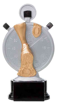 Thumbnail for Eine 3-er Serie Stoppuhr 160 mm - 200 mm PK739204-02-3 mit einer Stoppuhr mit goldenen Verzierungen in Form eines Laufschuhs, montiert auf einem schwarzen Sockel und aus hochwertigem Material gefertigt.