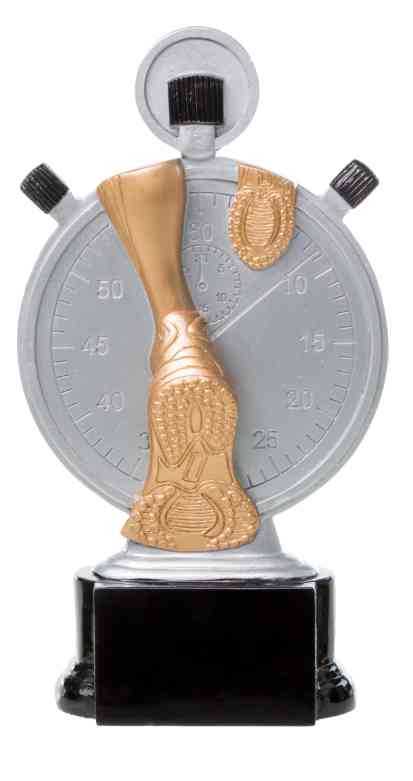 Eine 3-er Serie Stoppuhr 160 mm - 200 mm PK739204-02-3 mit einer Stoppuhr mit goldenen Verzierungen in Form eines Laufschuhs, montiert auf einem schwarzen Sockel und aus hochwertigem Material gefertigt.