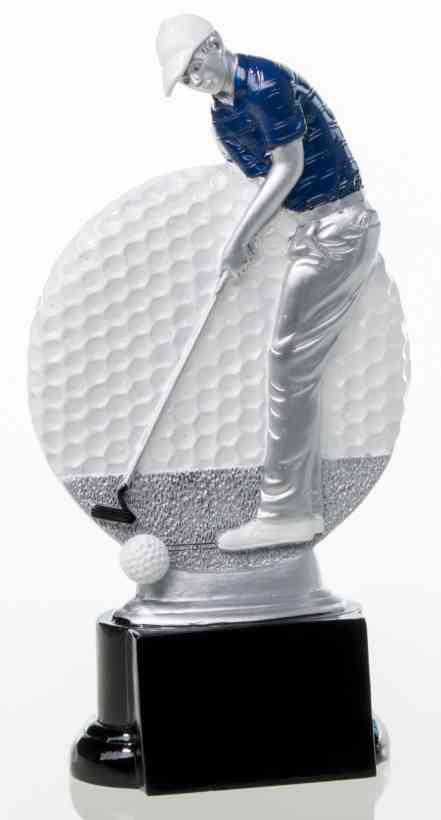Ein silber-blauer 3-er Serie Golfer 160 mm - 200 mm PK739207-05-3, der einen Golfer mitten im Schwung zeigt, der auf einem schwarzen Sockel steht, mit einer Textur im Hintergrund, die einem Golfball ähnelt. Diese Auszeichnung ist aus hochwertigem Material gefertigt und zeugt von Exzellenz und Raffinesse.