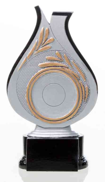 Eine silberne und goldene 3-er Serie Sonstiges 160 mm – 200 mm PK739213-11-3-E50 mit einem dekorativen Blattdesign auf schwarzem Sockel, aufrecht stehend vor einem weißen Hintergrund.