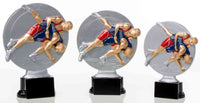 Thumbnail for Drei Wrestling-Trophäen in unterschiedlichen Größen mit zwei Wrestlern in Aktion, mit rundem Hintergrund und auf schwarzen Sockeln montiert – ein perfektes Geschenk für jeden Sportbegeisterten. Wir präsentieren die 3er-Serie Ringe 160 mm - 200 mm PK739219-17-3.