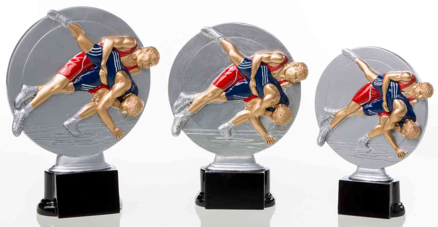 Drei Wrestling-Trophäen in unterschiedlichen Größen mit zwei Wrestlern in Aktion, mit rundem Hintergrund und auf schwarzen Sockeln montiert – ein perfektes Geschenk für jeden Sportbegeisterten. Wir präsentieren die 3er-Serie Ringe 160 mm - 200 mm PK739219-17-3.