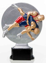 Thumbnail for Runde silberne Trophäe mit zwei Ringern in rot-blauen Trikots beim Wurf, montiert auf einem schwarzen Sockel. 3-er Serie Ringen 160 mm - 200 mm von POMEKI.