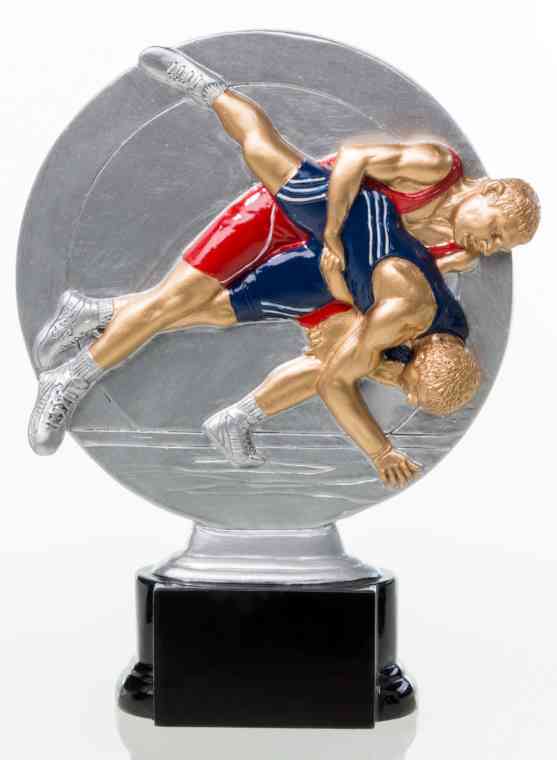 Eine 3er Serie Ringe 160 mm - 200 mm PK739219-17-3 mit zwei Wrestlern in Aktion, von denen einer ein Takedown-Manöver am anderen ausführt, mit einem runden, silbernen Hintergrund und einer schwarzen Basis – eine perfekte Auszeichnung für jeden Wrestling-Champion.