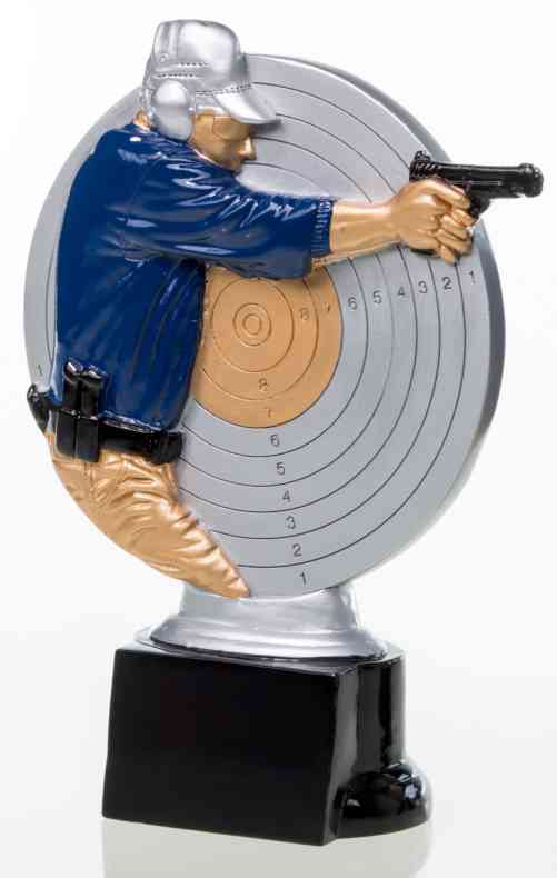 Die 3-er Serie Schützen 155 mm - 195 mm ist eine einzigartige Trophäe in Zielscheibenform mit einer Figur in Schießkleidung und Pistole auf schwarzem Sockel - die perfekte Auszeichnung für Schützen.