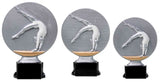 Dreier-Set "3-er Serie Turnen Damen 160 mm - 200 mm ": Silberne Trophäen mit Turnerinnen im Handstand auf schwarzem Sockel in absteigender Höhe - ein stilvolles Geschenk oder Ehrenpreis.