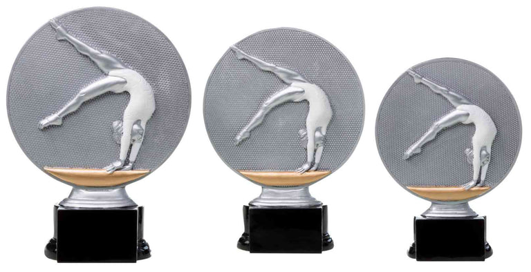 Dreier-Set "3-er Serie Turnen Damen 160 mm - 200 mm ": Silberne Trophäen mit Turnerinnen im Handstand auf schwarzem Sockel in absteigender Höhe - ein stilvolles Geschenk oder Ehrenpreis.