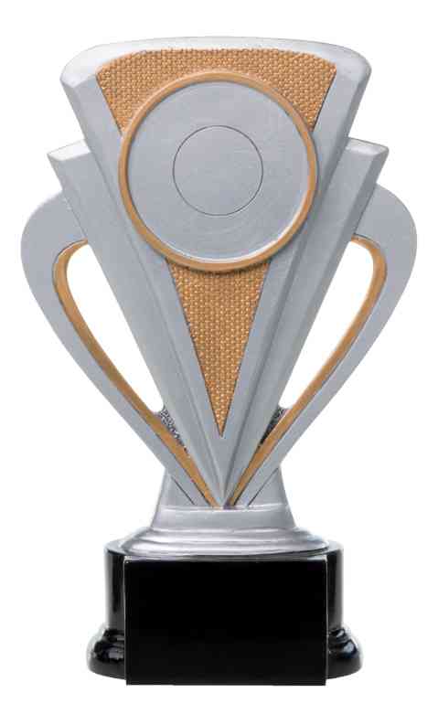 Die 3-er Serie Sonstiges 160 mm – 200 mm PK739264-62-3-E50 besteht aus einer silbernen und goldenen Trophäe in dreieckiger Form mit einem kreisförmigen Design in der Mitte und ist auf einem schwarzen Sockel montiert.