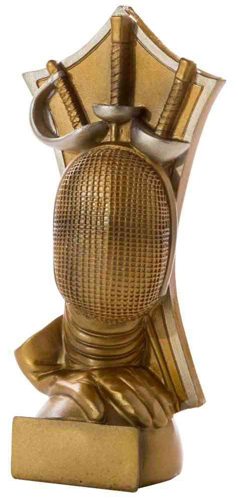 Eine goldfarbene Trophäe Fechten 190 mm zeigt eine Fechtmaske und zwei gekreuzte Schwerter, die elegant auf einem Sockel präsentiert werden.