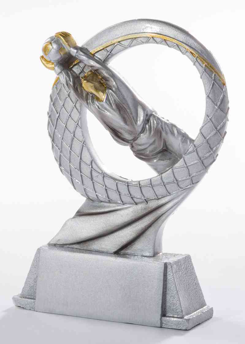 Ein Trophäe Torwart 170 mm PK739300-62597 mit einem Torwart, der hechtet, um einen Fußball zu fangen, in einem runden Rahmen und mit exklusivem Design.