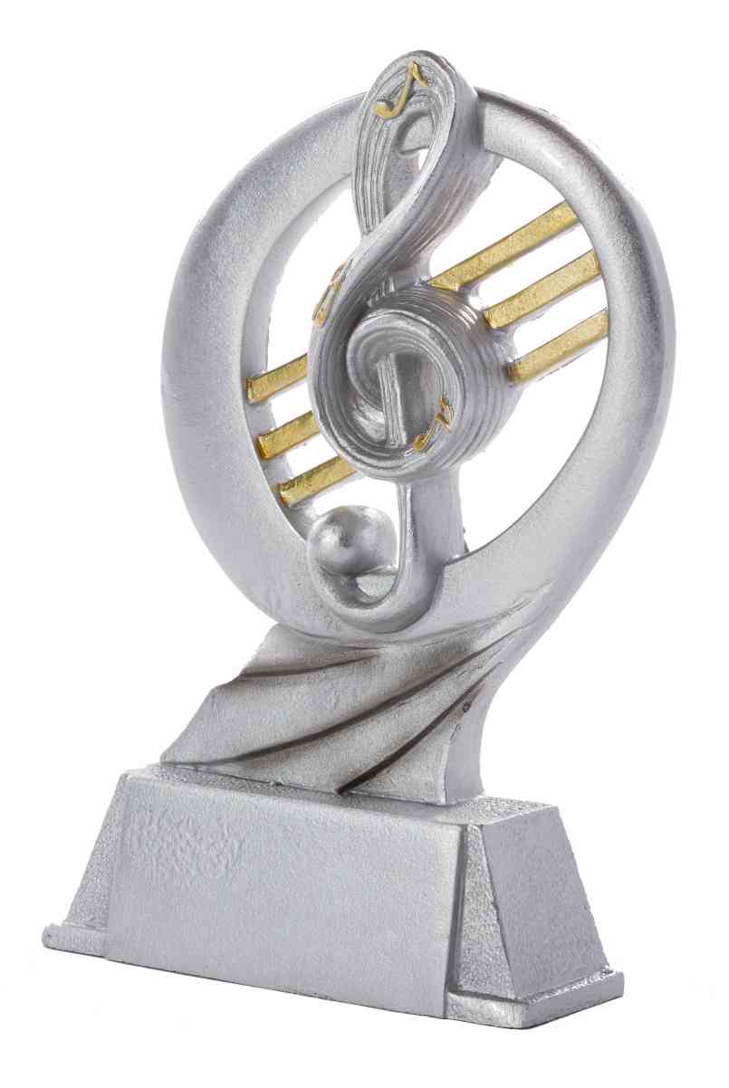 Eine silberne Trophäe Musik 170 mm PK739345-62597 mit einem Violinschlüsselsymbol mit goldenen Akzenten, montiert auf einem rechteckigen Sockel.