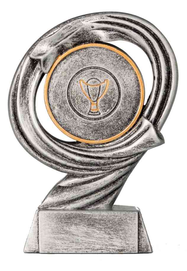 Eine 3er Serie Sonstiges 110 mm – 150 mm PK739419-17-3-E50 mit einem silberfarbenen Spiraldesign, einem runden Mittelstück mit Goldrand, das ein Kelchsymbol darstellt und auf einem rechteckigen Sockel steht.