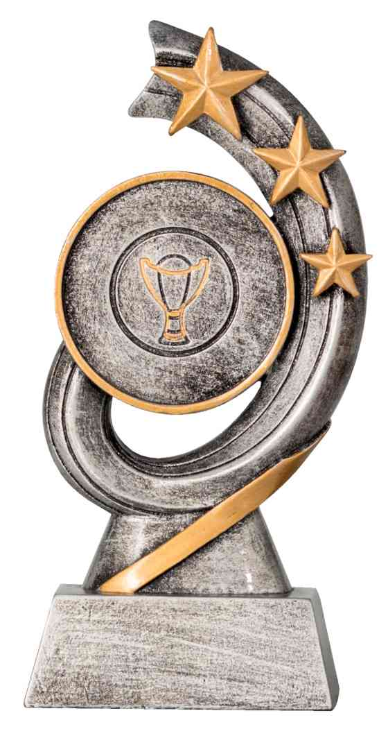 Abstrakte Trophäe mit drei Sternen und einem Emblemfeld auf einem wirbelnden Ständer aus POMEKIs 3er-Serie Sonstiges 155 mm