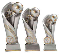 Thumbnail for Drei Fußballtrophäen der 3er-Serie aus hochwertigem Material, mit Sternenmustern und Fußbällen oben nebeneinander angeordnet.