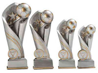Thumbnail for Vier Trophäen der 4er Serie Fußball 135 mm – 200 mm PK739478-4-E25 mit einem Ball- und Sterndesign auf der Oberseite, aus hochwertigem Material gefertigt, in einer Reihe mit silbernen und goldenen Akzenten präsentiert.