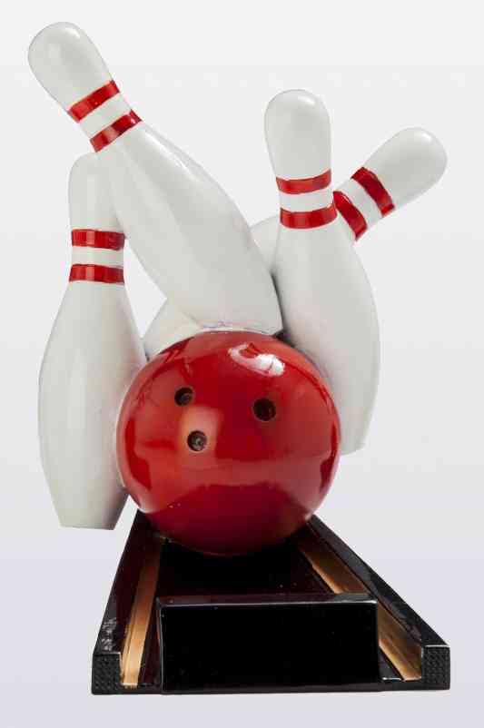 Eine rote 3-er Serie Bowling/Kegel 110 mm - 180 mm PK739497-95-3 wirft mehrere weiße Bowling-Pins mit roten Streifen auf einer stilisierten Bahn um und ruft die Spannung eines Ehrenpreis-würdigen Strikes hervor.