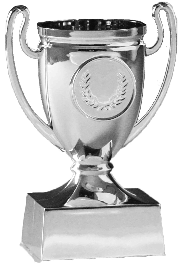 Pokale Frankenthal 3-er Pokalserie 110 mm mit zwei Henkeln, einem Lorbeerkranz-Emblem und quadratischem Sockel, in glänzender Metallic-Ausführung mit exklusivem Design.