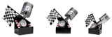 Drei identische 3-er Serie Motorsport 100 mm - 150 mm mit einem Kolben und einer Zielflagge auf einer schwarzen Basis mit roten und weißen Akzenten. Ideal als Geschenk oder Auszeichnung für Rennsportbegeisterte.