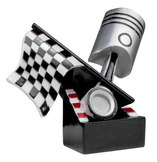 Eine kleine Metallskulptur eines Kolbens und einer schwarz-weiß karierten Rennflagge, perfekt als Auszeichnung oder Trophäe, die 3-er Serie Motorsport 100 mm – 150 mm