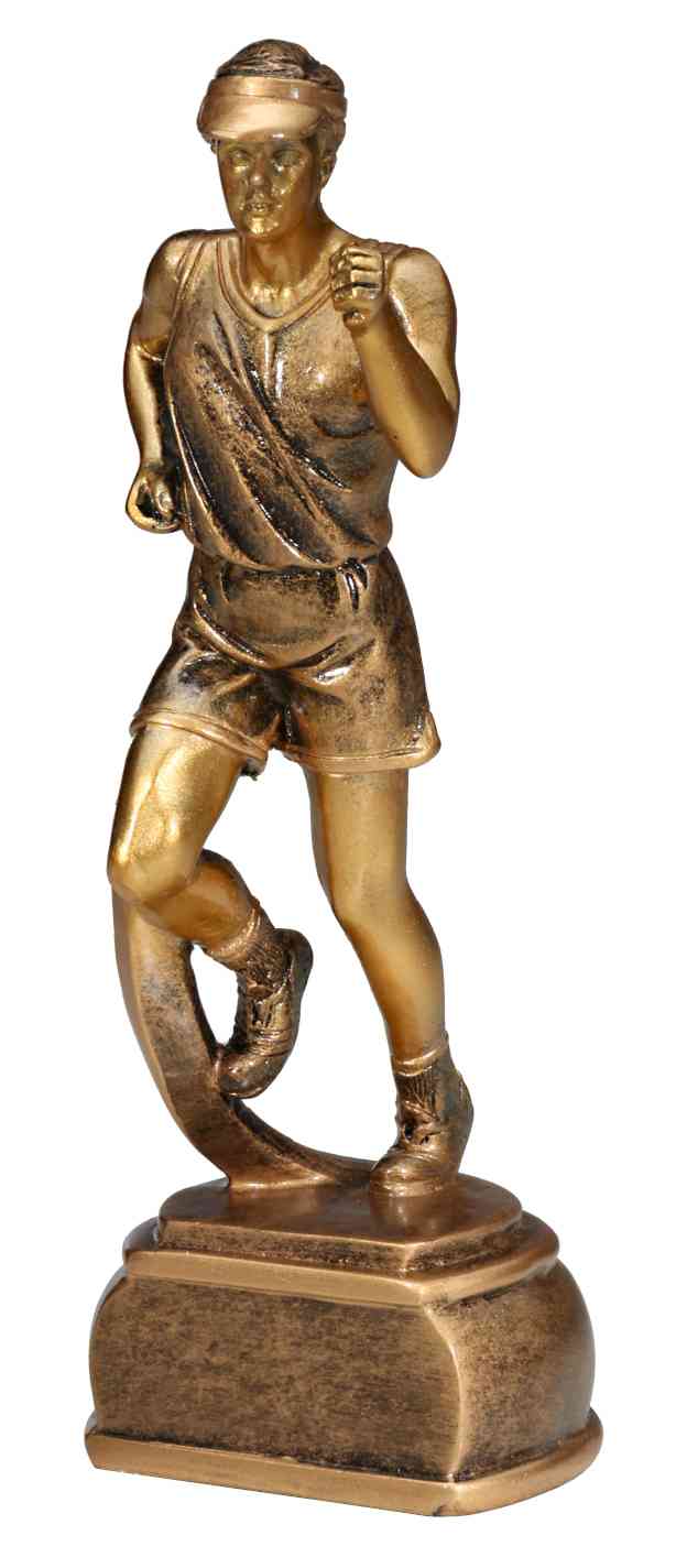 Eine goldfarbene Trophäe „Laufender Mann“ 165 mm PK739648-62589, die eine Person in Laufbewegung zeigt, montiert auf einem Sockel.