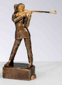 Thumbnail for Bronzefarbene Statuette einer stehenden und mit einem Gewehr zielenden Person, ausgestellt auf einem rechteckigen Sockel. Diese 3-er Serie Schützen Damen 130 mm - 210 mm PK739666-3 besticht durch ein exklusives Design und ist aus hochwertigem Material gefertigt, was sie zu einer prestigeträchtigen Ergänzung für jede Sammlung macht.