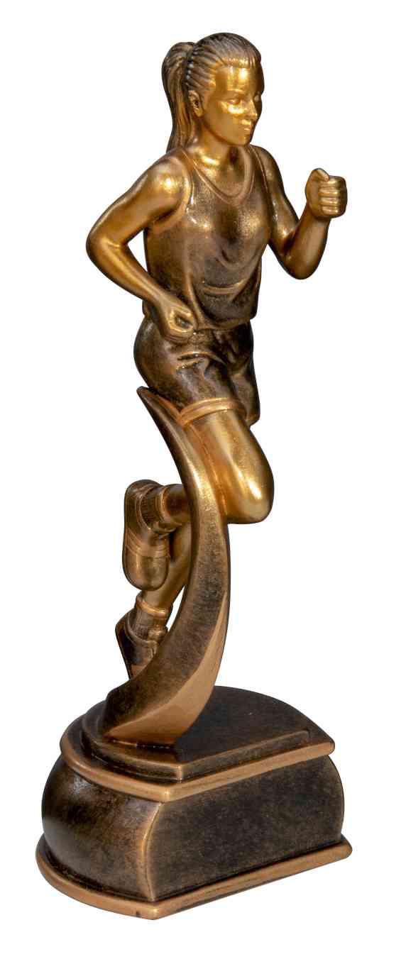 Die Trophäe Laufen Frau 165 mm ist eine bronzefarbene Statue einer Läuferin in Bewegung, die auf einem rechteckigen Sockel montiert ist. Die Läuferin mit Pferdeschwanz und sportlicher Kleidung fängt den Leistungsgeist perfekt ein.