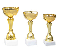 Thumbnail for Drei goldene Pokale unterschiedlicher Höhe auf weißen Sockeln vor einem weißen Hintergrund.
Produktname: Pokale Minden 3-er Pokalserie 157 mm - 200 mm PK740560-3
Markenname: POMEKI