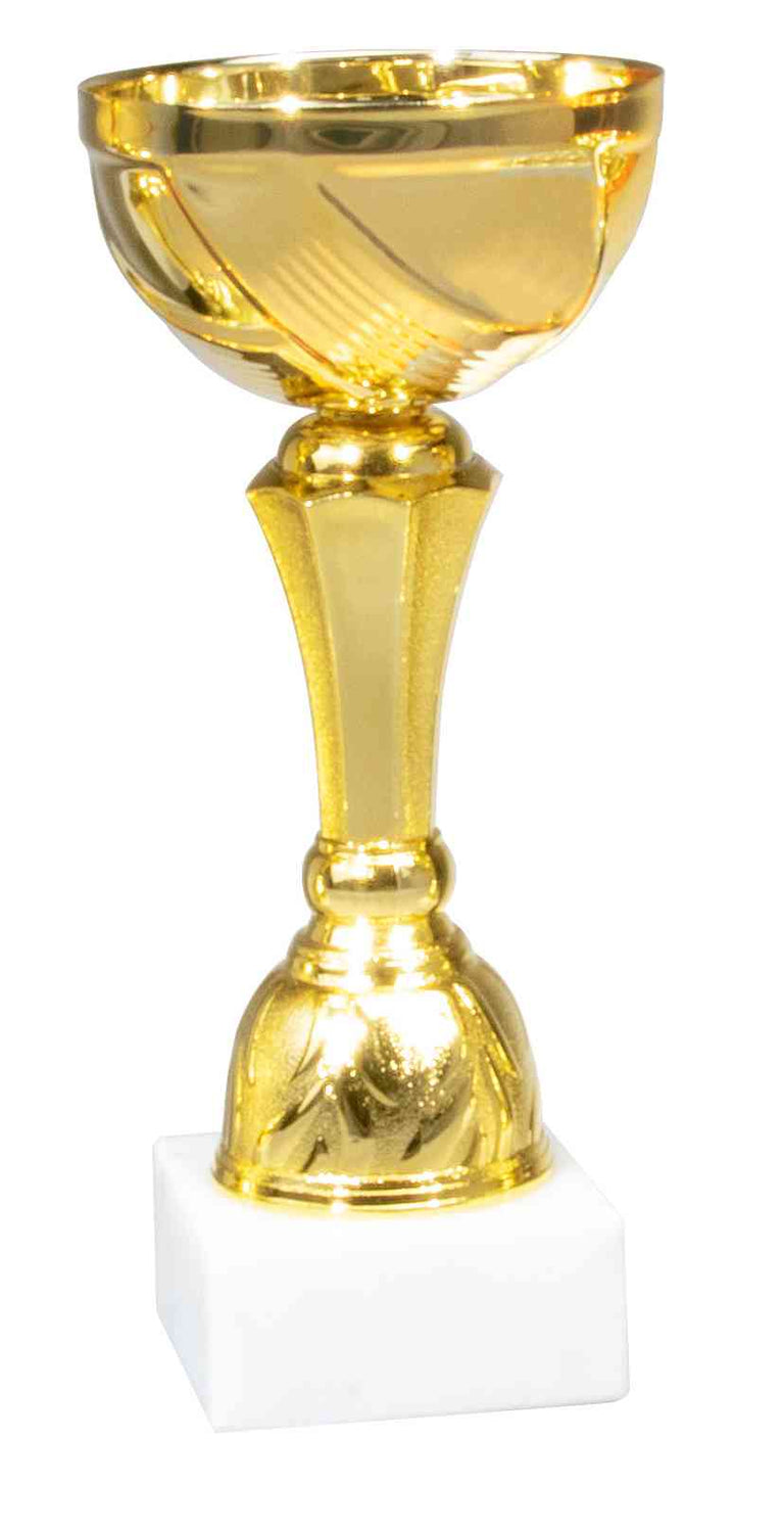Eine goldene Pokale Marl 4-er Pokalserie 157 mm – 220 mm auf einem weißen Marmorsockel.