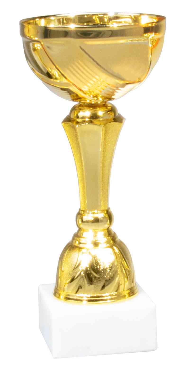 Goldener POMEKI Pokal auf einem weißen Sockel.