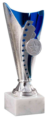 Thumbnail for Moderner Pokal in Silber und Blau mit Sternenemblem auf einem Marmorsockel. Pokale Langenhagen 3-er Pokalserie 170 mm – 210 mm von POMEKI.