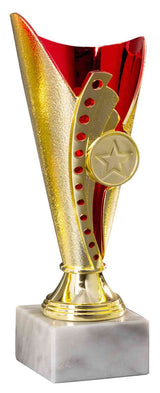 Thumbnail for Eine gold-rote Trophäe mit einem Sternemblem auf einem weißen Marmorsockel. Der Pokal Bad Homburg 3-er Pokalserie 170 mm – 210 mm ist das ideale Geschenk für jede Leistung.