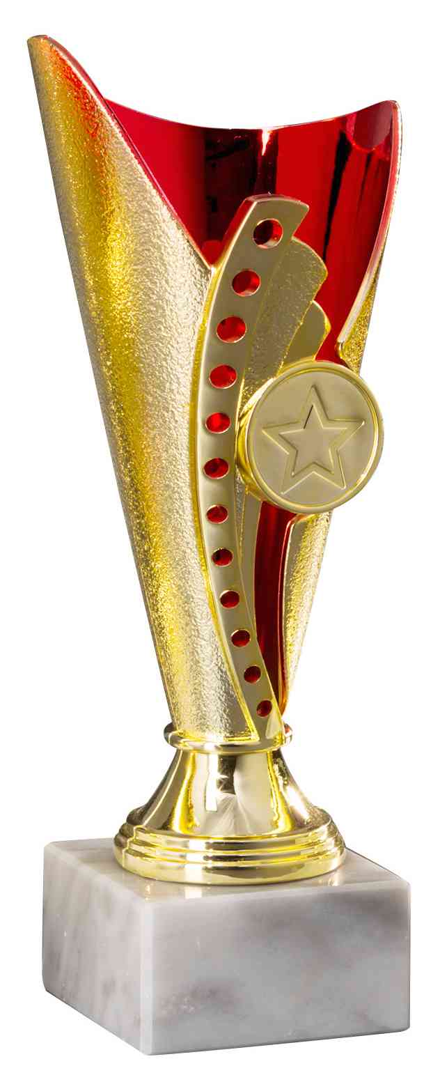 Eine gold-rote Trophäe mit einem Sternemblem auf einem weißen Marmorsockel. Der Pokal Bad Homburg 3-er Pokalserie 170 mm – 210 mm PK754560-3-E25 ist das ideale Geschenk für jede Leistung.