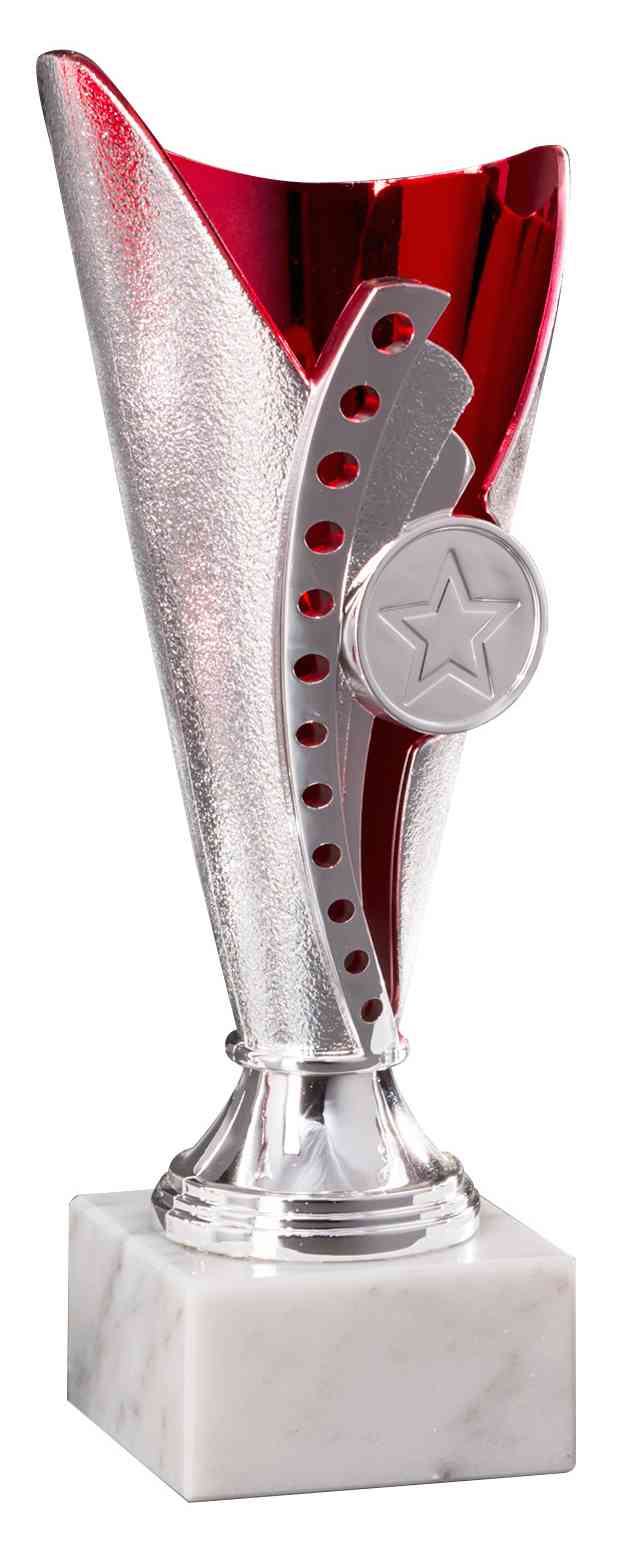 Ein großer, silberner und roter Pokale Nordhorn 3-er Pokalserie 170 mm – 210 mm PK754570-3-E25 mit einem Sternemblem auf einem weißen Marmorsockel, was ihn zu einem perfekten Erinnerungsstück macht.