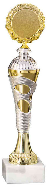 Thumbnail for Goldene und silberne POMEKI-Trophäe mit kreisförmigem Medaillenmuster oben auf weißem Grund als Auszeichnung.