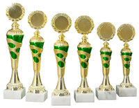 Thumbnail for Sechs goldene und grüne Pokale Gummersbach 6-er Pokalserie 255 mm – 334 mm PK754700-6-E50 in unterschiedlichen Höhen, jeweils mit einer runden Goldplatte oben und einem Sockel aus weißem Marmor.