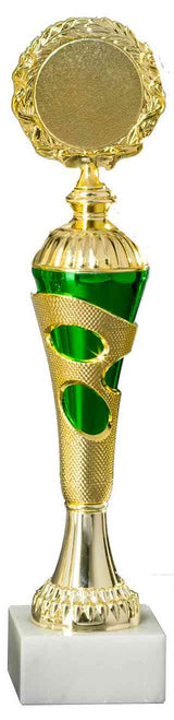 Thumbnail for Diese exquisite Trophäe in Gold und Grün, der Pokale Speyer 4-er Pokalserie 255 mm – 300 mm, verfügt über eine runde Spitze und ruht anmutig auf einem Marmorsockel.