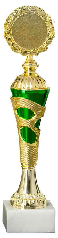 Thumbnail for Diese exquisite Trophäe in Gold und Grün, der Pokale Speyer 4-er Pokalserie 255 mm – 300 mm PK754700-4-E50, verfügt über eine runde Spitze und ruht anmutig auf einem Marmorsockel.