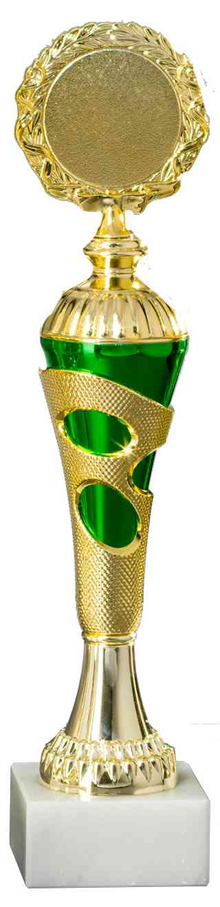 Diese exquisite Trophäe in Gold und Grün, der Pokale Speyer 4-er Pokalserie 255 mm – 300 mm, verfügt über eine runde Spitze und ruht anmutig auf einem Marmorsockel.
