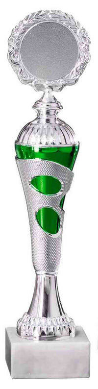 Thumbnail for Ein silberner und grüner Pokal der Peine 6-er Pokalserie 255 mm – 334 mm PK754710-6-E50 mit exklusivem Design, montiert auf einem weißen Sockel, zeigt komplizierte Details, gefertigt aus hochwertigem Material.