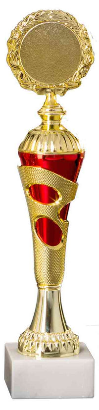 Thumbnail for Gold- und roter Pokal Lörrach, 3er Pokalserie 255 mm – 290 mm PK754720-3-E50 mit verzierten Details auf weißem Untergrund und einem runden Emblem an der Spitze, das als exquisite Auszeichnung dient.