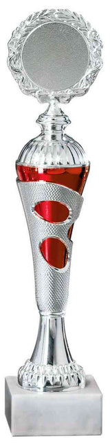Thumbnail for Ein Pokal Leonberg 4-er Pokalserie 255 mm - 300 mm mit rotem Akzent, einer dekorativen runden Spitze und einem strukturierten zylindrischen Sockel. Die Trophäe besticht durch ein exklusives Design und steht auf einem marmorähnlichen quadratischen Sockel aus hochwertigem Material.