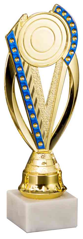 Pokale Neu Ulm 3er Pokalserie 195 mm – 221 mm PK754770-3-E50 mit rundem Medaillendesign mit blauen Edelsteindetails, montiert auf einem Sockel aus hochwertigem Material.