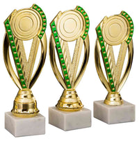 Thumbnail for Drei Pokale Unna 3-er Pokalserie 195 mm - 221 mm PK754790-3-E50 mit grünen Akzenten auf Marmorsockeln.