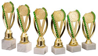 Thumbnail for Sechs **Pokale Greifswald 6-er Pokalserie 195 mm - 251 mm PK754790-6-E50** mit grünen Akzenten und Marmorsockeln in einer Reihe angeordnet und präsentieren ihr exklusives Design und hochwertiges Material.