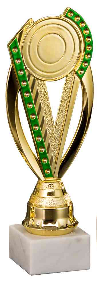 Pokale Unna 3er Pokalserie 195 mm – 221 mm PK754790-3-E50 mit einem runden Emblem an der Spitze, akzentuiert mit grünen Juwelen, montiert auf einem weißen Sockel.