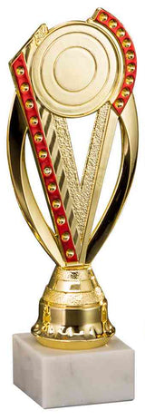 Thumbnail for Goldener Pokal mit rotem Steinbesatz, runder Emblemplatte und weißem Marmorsockel. Pokale Hilden 3-er Pokalserie 195 mm - 221 mm von POMEKI.